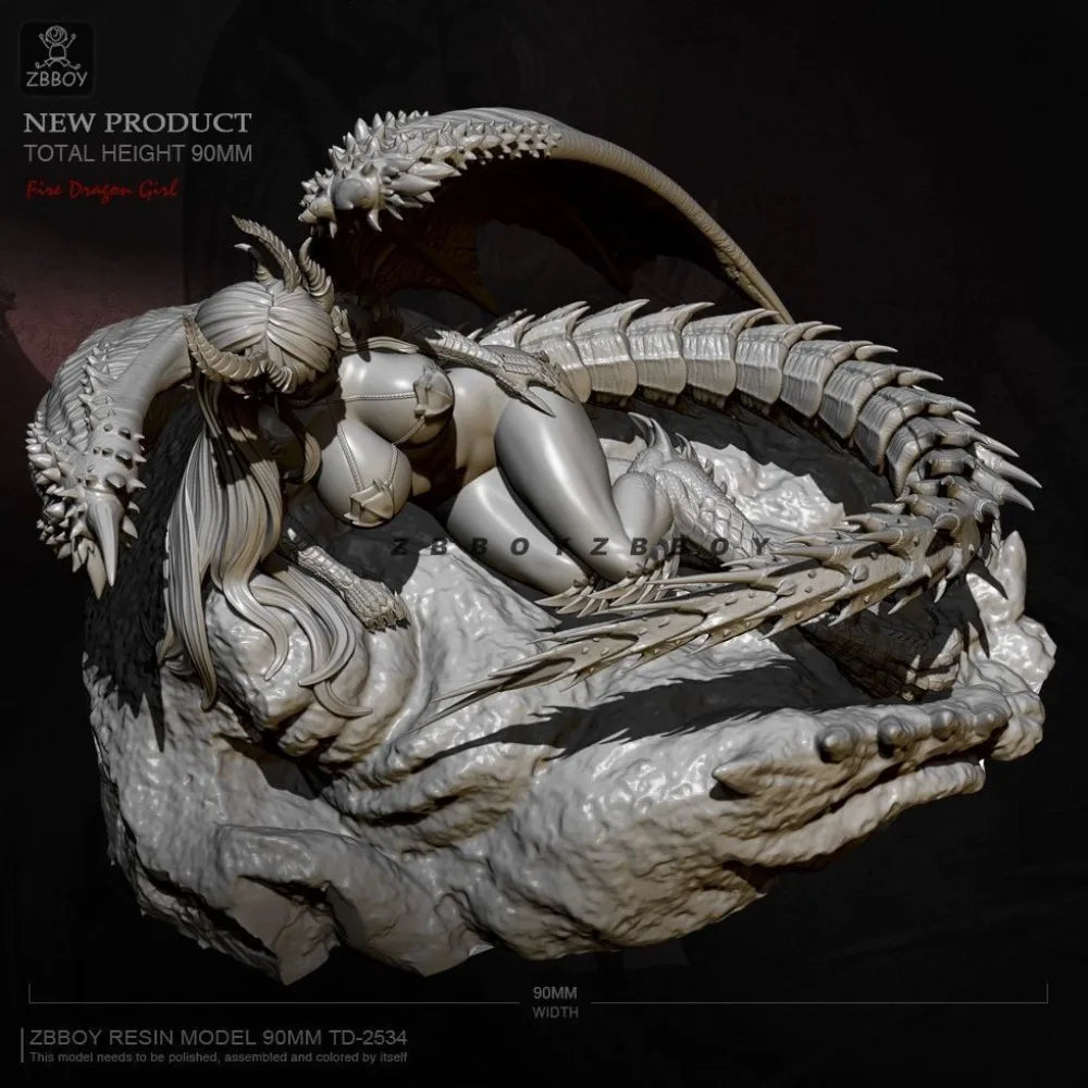 90mm Fire Dragon Girl, Resin Model Figure Kit, Fantasy Theme, Unassembled and Unpainted
