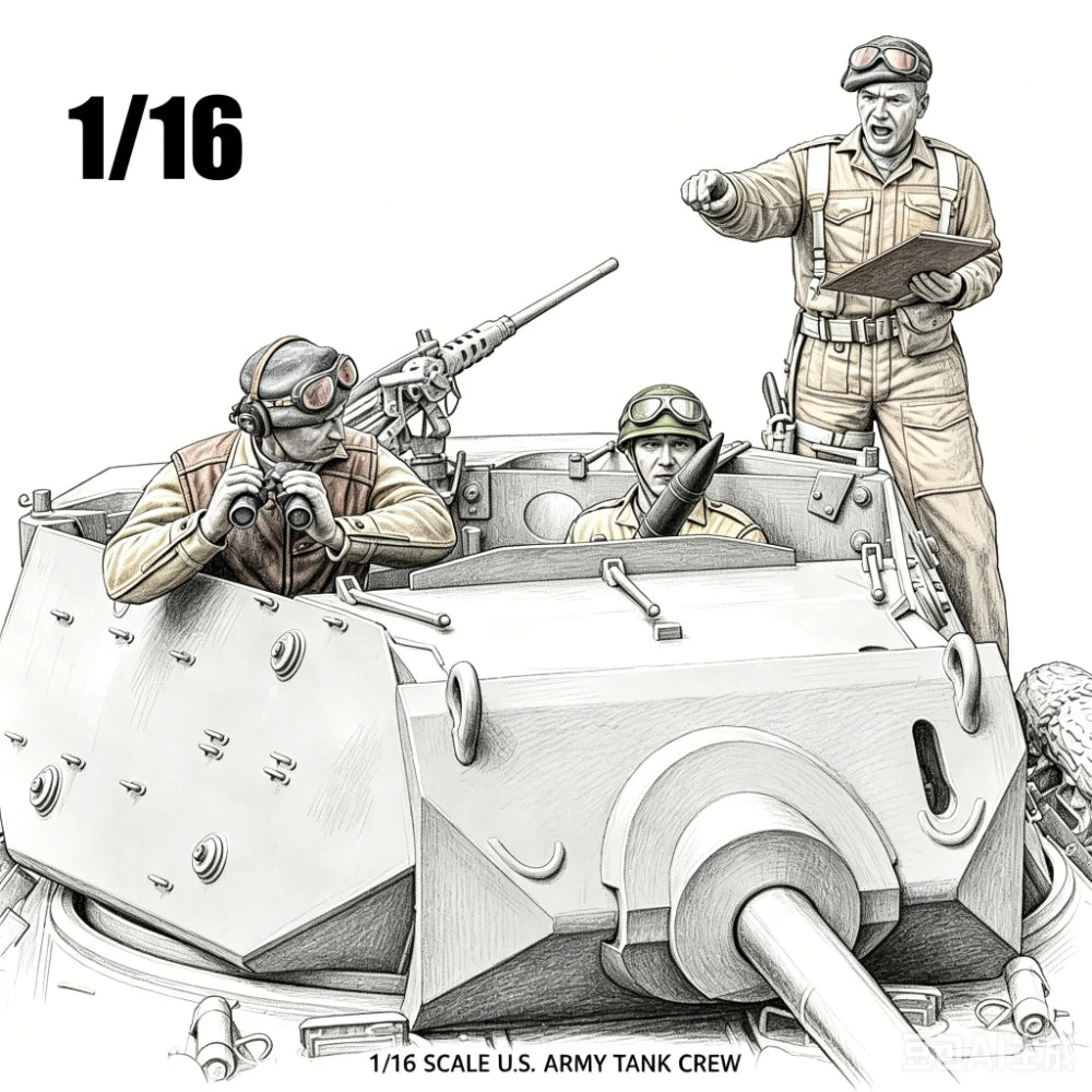 1/16 WWII US Tank Crew Operating Turret Gun, 3 Figures, Resin Model Figure Kit, Unassembled and Unpainted