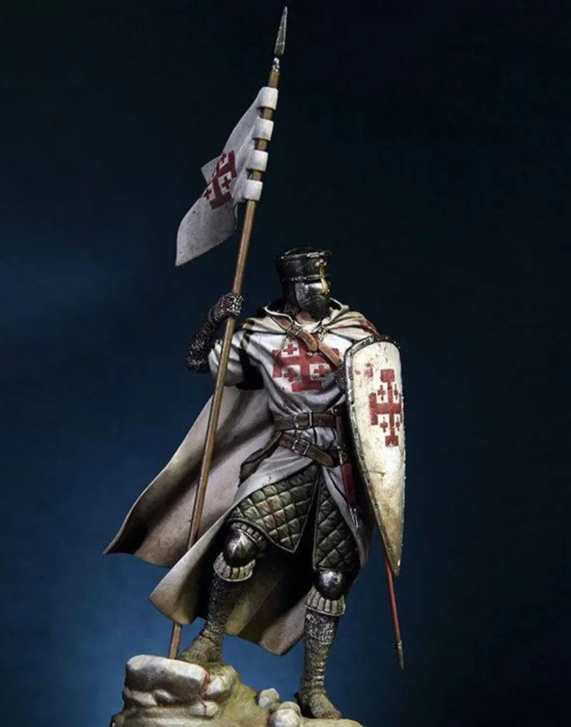 90mm Medieval Crusader Knight Holding Raised Banner, Resin Model Figure Kit, Unassembled and Unpainted