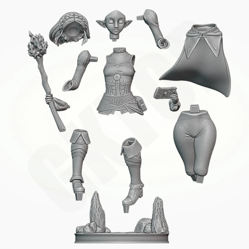 1/24 Female Sorceress with Flaming Staff and Potions, Resin Model Figure Kit, Fantasy Theme, Unassembled and Unpainted