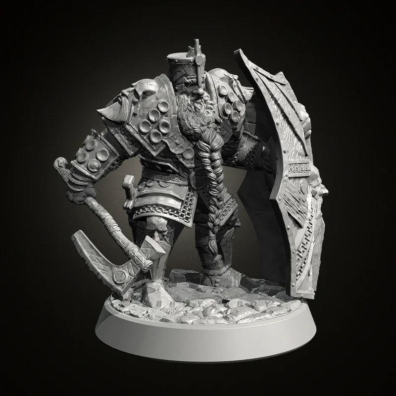 38mm Dwarf Warrior with Battle Axe and Shield, Resin Model Figure Kit, Fantasy Theme, Unassembled and Unpainted