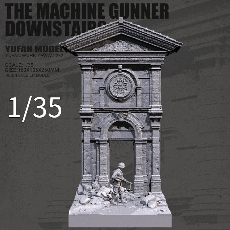 1/35 WWII Damaged Clock Tower Machine Gun Nest, 2 Figures, Resin Model Diorama Kit, Unassembled and Unpainted