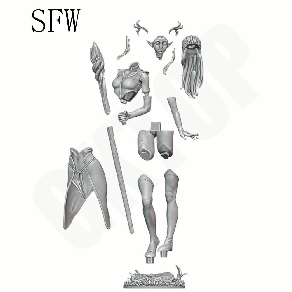 1/24 Horned Elf Sorceress in Green with Staff, Resin Model Figure Kit, Fantasy Theme, Unassembled and Unpainted