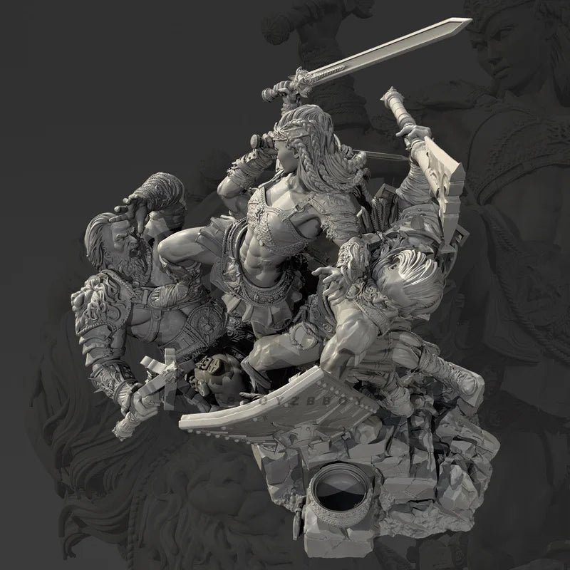115mm Warriors Combat, 3 Figures, Resin Model Diorama Kit, Fantasy Theme, Unassembled and Unpainted