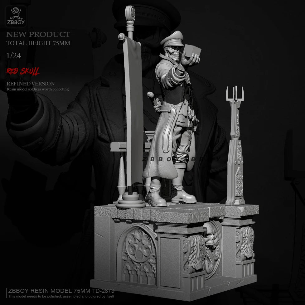75mm WWII Armored Executioner on Skull Pedestal, Resin Model Figure Kit, Unassembled and Unpainted