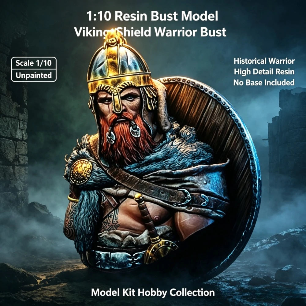 1/10 Medieval Viking Warrior with Horned Helm and Shield, Resin Model Bust Kit, Unassembled and Unpainted