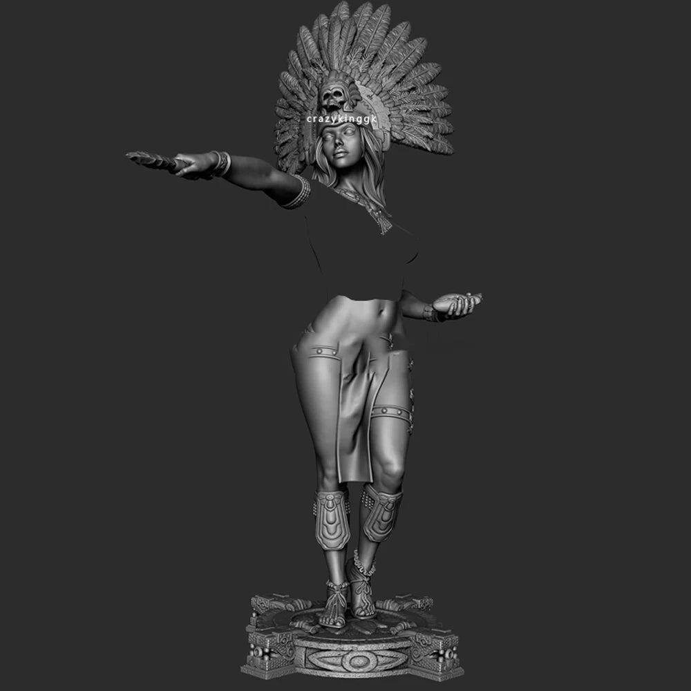 1/24 Priestess with Feathered Crown and Staff, Resin Model Figure Kit, Fantasy Theme, Unassembled and Unpainted