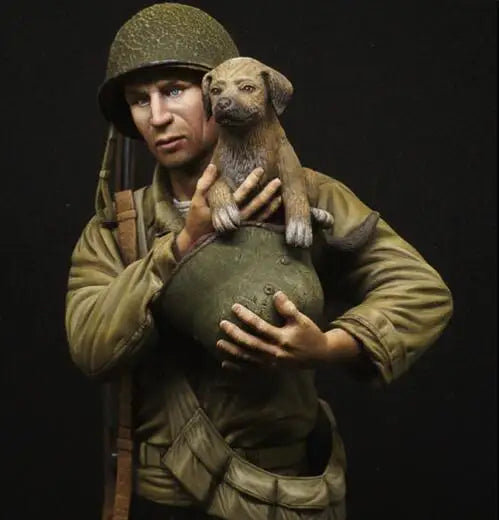 1/9 WWII US Infantry Soldier with Dog, 2 Figures, Resin Model Bust Kit, Unassembled and Unpainted