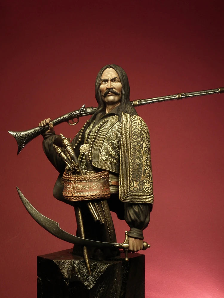 1/9 Ancient Greek Warrior in Ornate Patterned Cloak with Rifle, Resin Model Bust Kit, Unassembled and Unpainted
