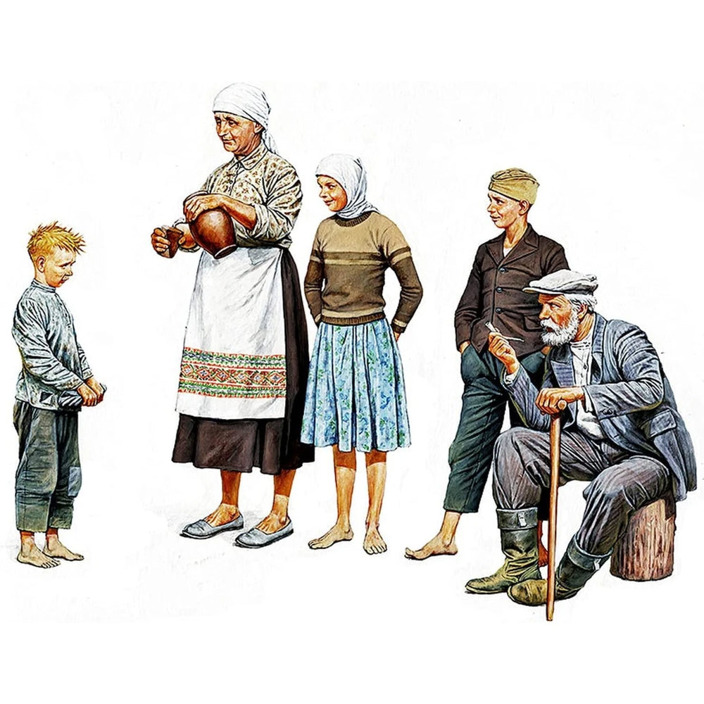 1/35 Eastern European Civilians Early 20th Century, 5 Figures, Resin Model Figure Kit, Historical Theme, Unassembled and Unpainted