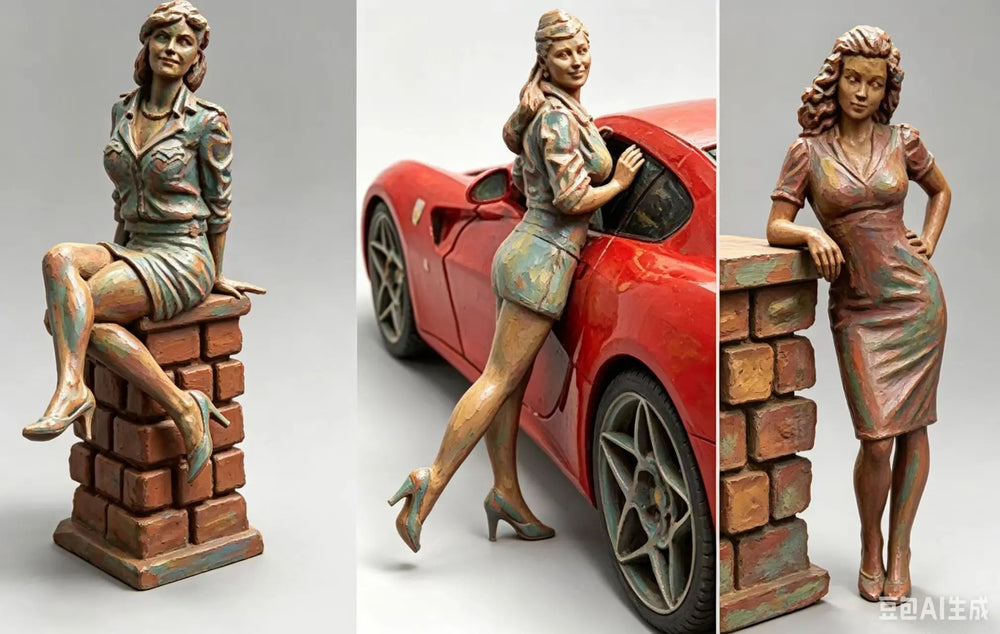 1/35 Vintage Pin-up Girls with Sports Car, 3 Figures, Resin Model Figure Kit, Unassembled and Unpainted