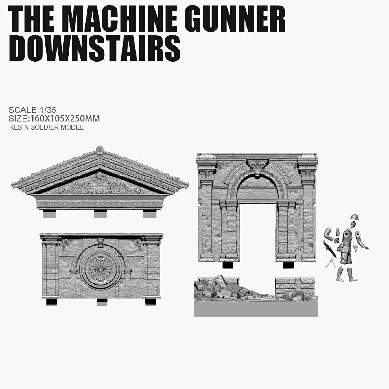 1/35 WWII Machine Gunner at Stone Gatehouse, Resin Model Diorama Kit, Unassembled and Unpainted