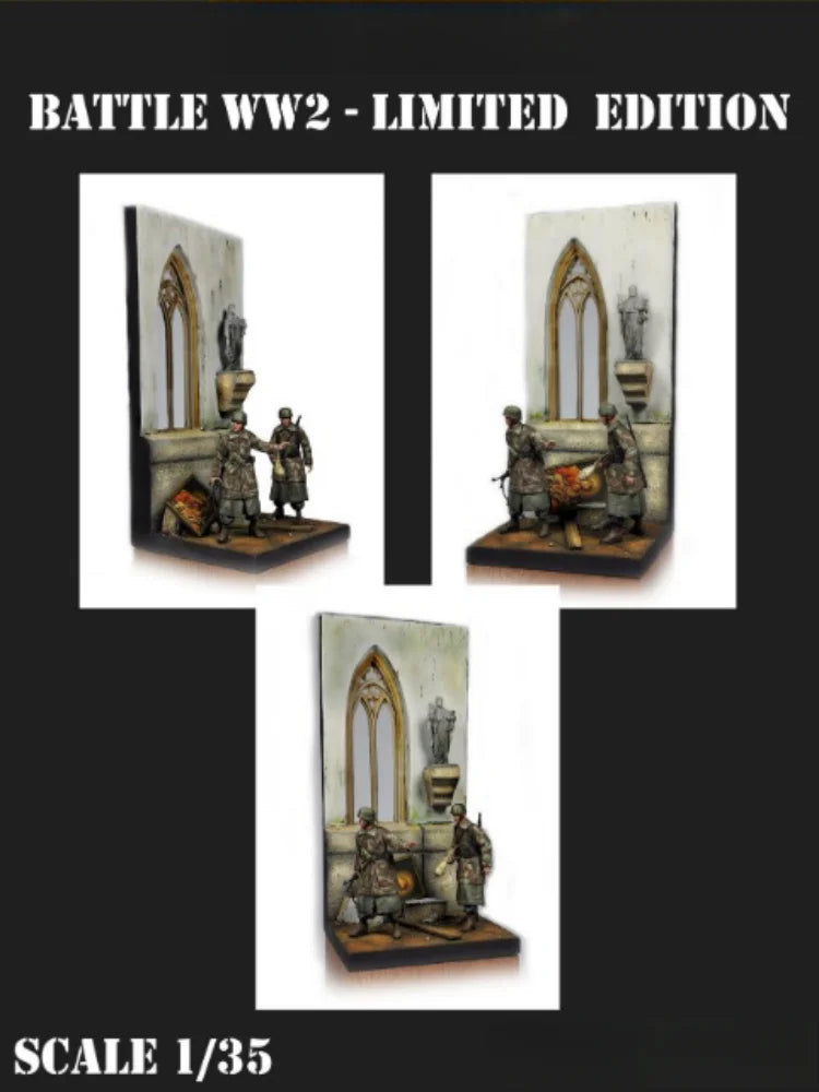 1/35 WWII Soldiers in Gothic Cathedral, 2 Figures, Resin Model Diorama Kit, Unassembled and Unpainted