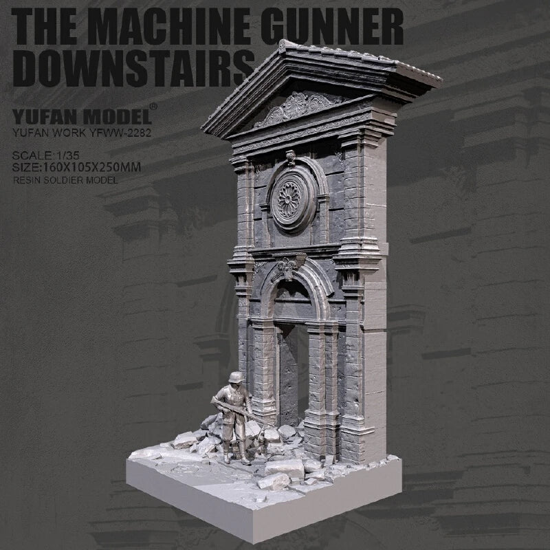1/35 WWII Damaged Clock Tower Machine Gun Nest, 2 Figures, Resin Model Diorama Kit, Unassembled and Unpainted