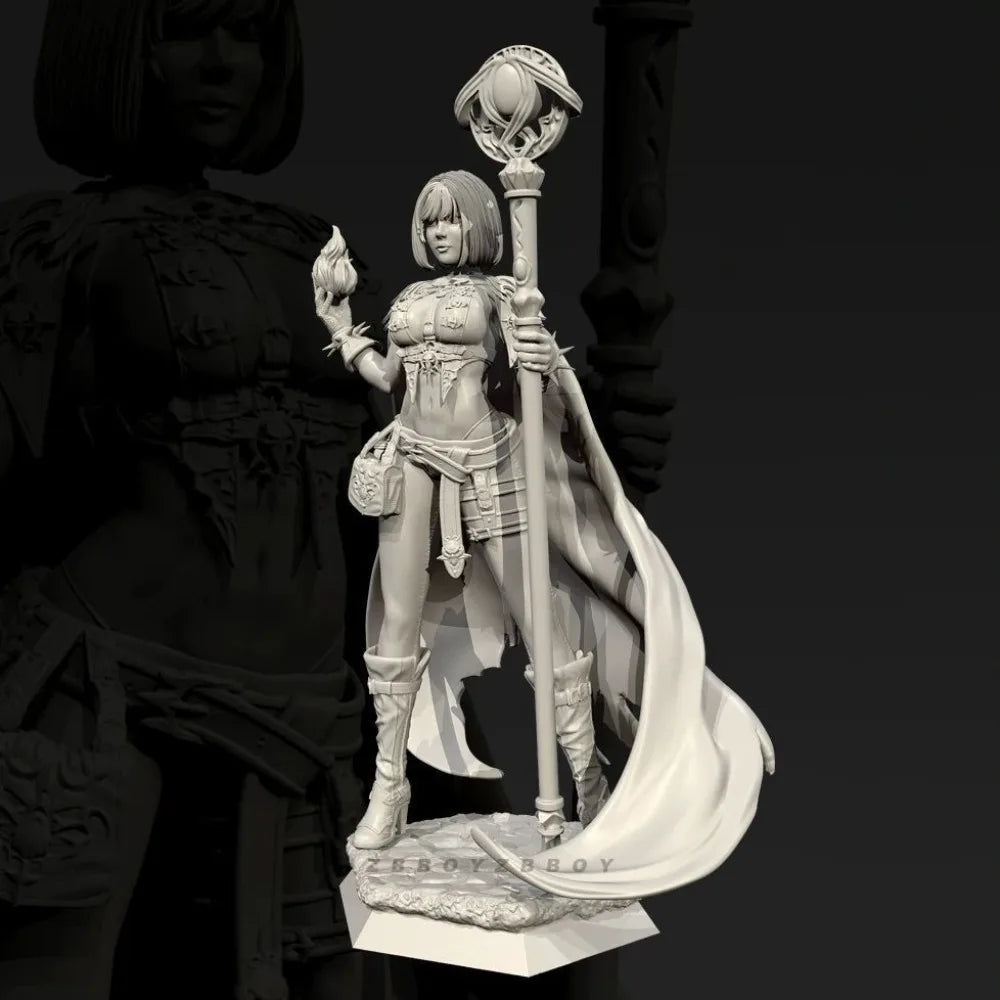 50mm Necromancer with Skull Staff and Flame, Resin Model Figure Kit, Fantasy Theme, Unassembled and Unpainted