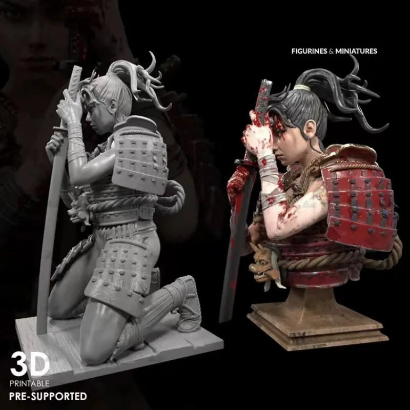 1/24 Medieval Female Samurai Warrior Kneeling with Katana, Resin Model Figure Kit, Unassembled and Unpainted