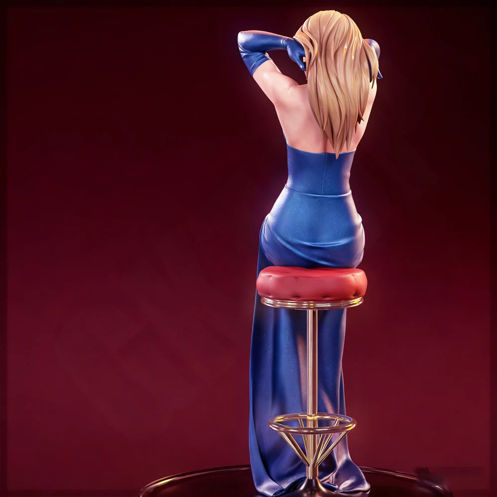 1/24 Blonde in Blue Dress on Bar Stool, Resin Model Figure Kit, Unassembled and Unpainted