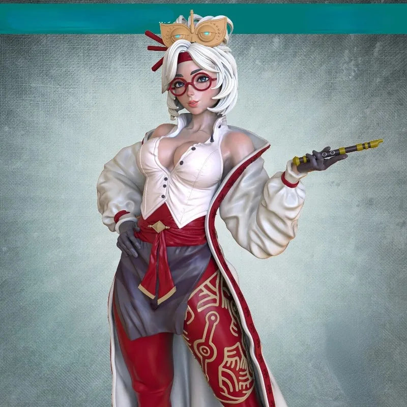 1/24 White-Haired Sorceress with Staff and Goggles, Resin Model Figure Kit, Fantasy Theme, Unassembled and Unpainted