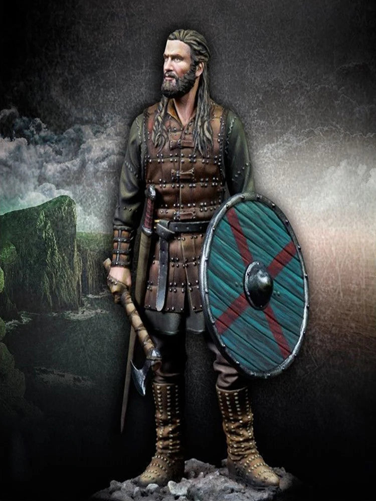 75mm Medieval Viking Axeman with Round Shield and Braided Hair, Resin Model Figure Kit, Unassembled and Unpainted
