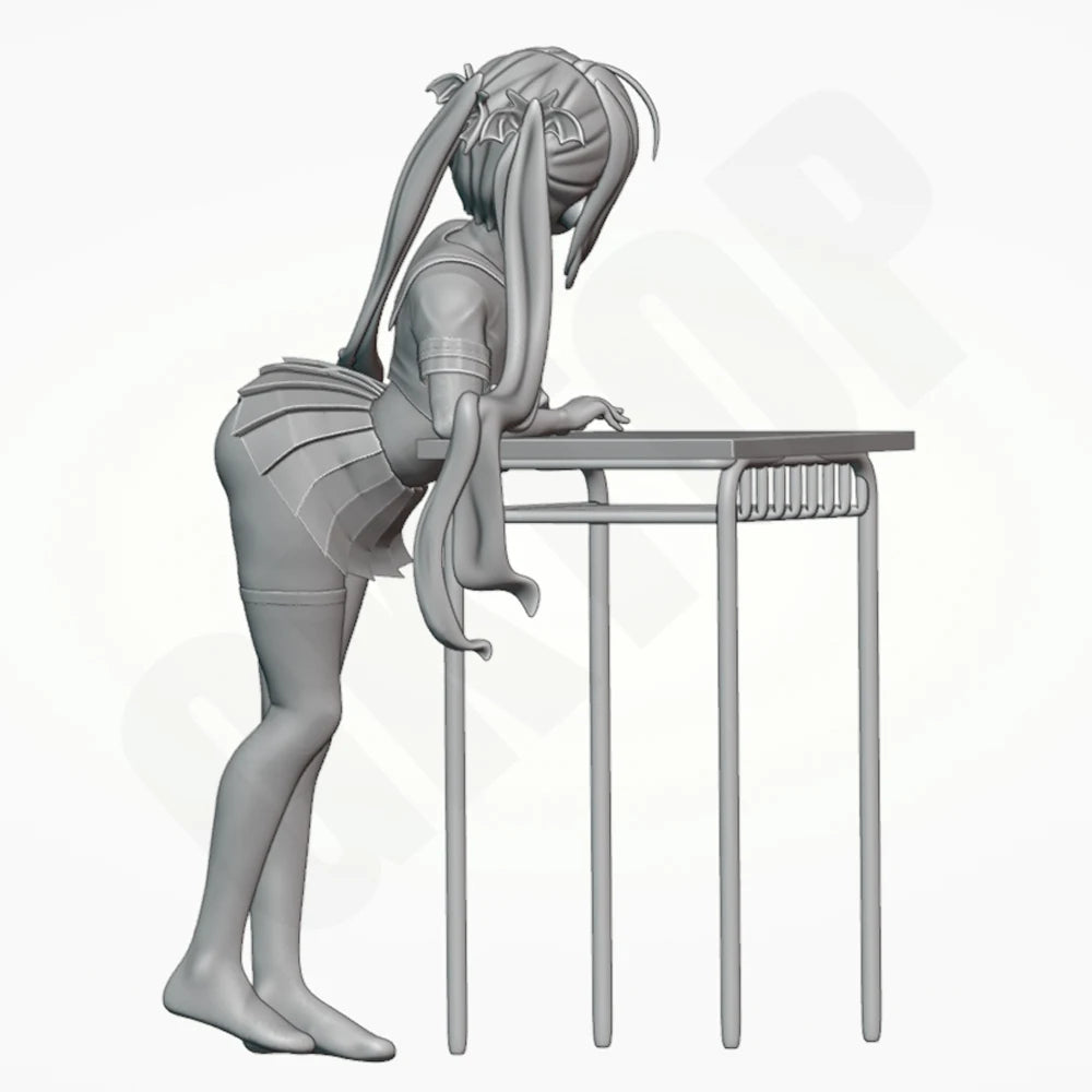 1/24 Schoolgirl with Twin Tails at Table, Resin Model Figure Kit, Anime Theme, Unassembled and Unpainted