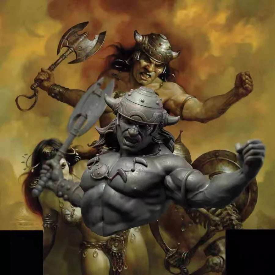 1/12 Horned Barbarian Warrior with Axe, Resin Model Bust Kit, Fantasy Theme, Unassembled and Unpainted