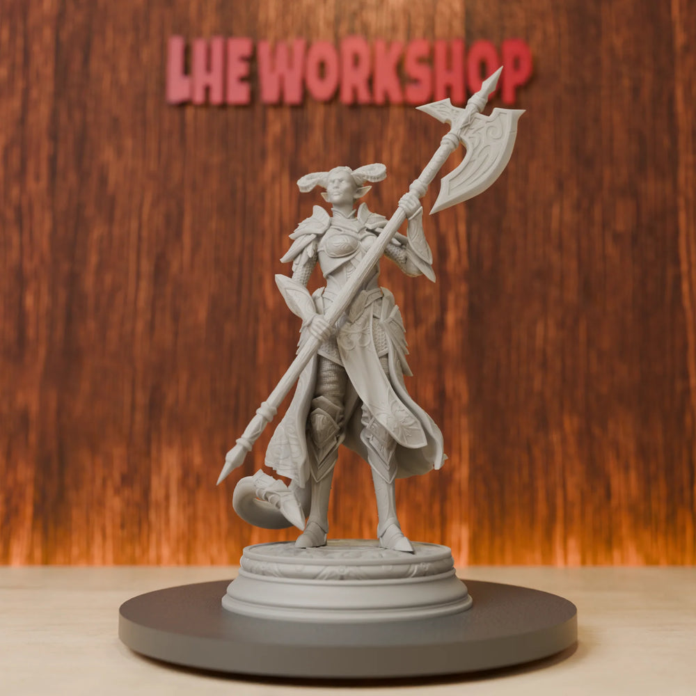 75mm Medieval Female Tiefling Halberd Warrior, Resin Model Figure Kit, Unassembled and Unpainted