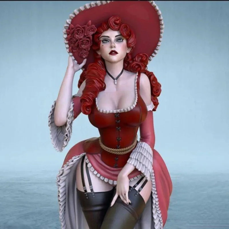 1/24 Red-Haired Pirate in Crimson Corset, Resin Model Figure Kit, Fantasy Theme, Unassembled and Unpainted