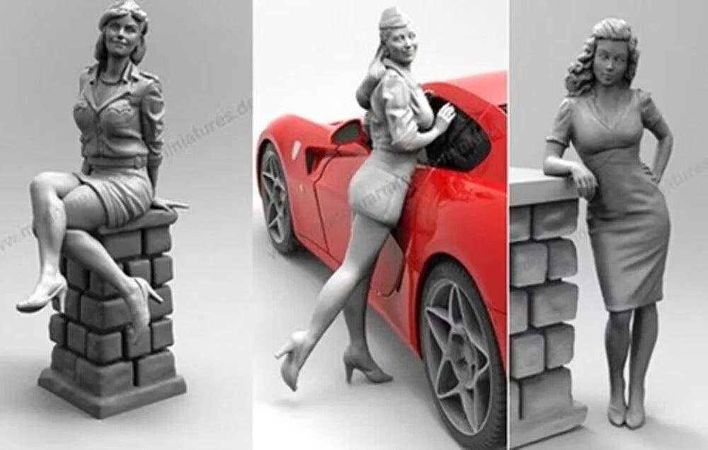 1/35 Vintage Pin-up Girls with Sports Car, 3 Figures, Resin Model Figure Kit, Unassembled and Unpainted