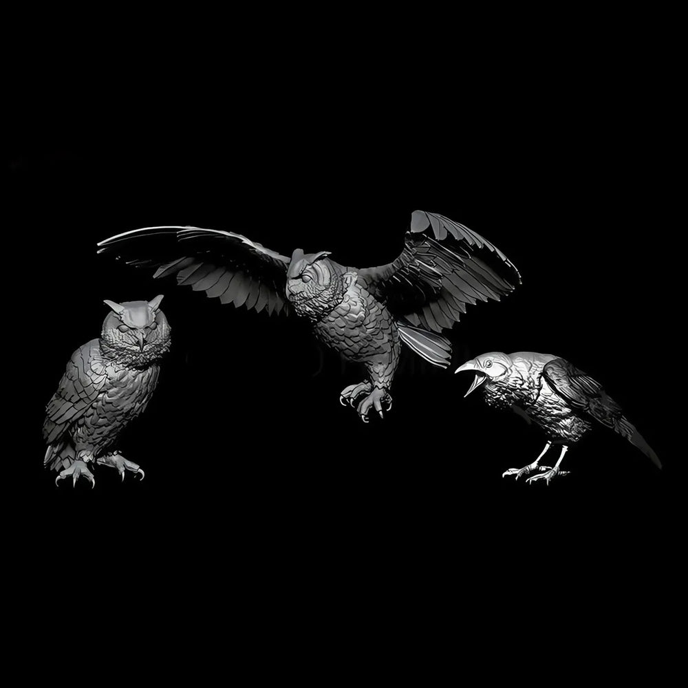 75mm Anthropomorphic Bird Set with Owls and Crow, 4 Figures, Resin Model Creature Kit, Wildlife Theme, Unassembled and Unpainted