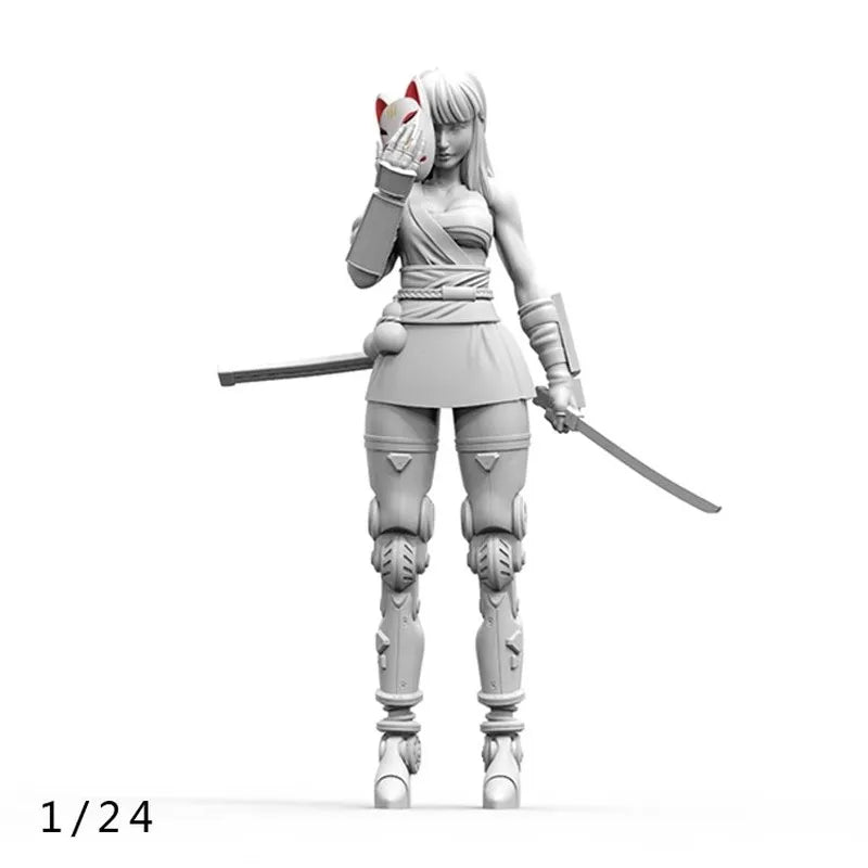 1/24 Female Warrior with Dual Katanas, Resin Model Figure Kit, Anime Theme, Unassembled and Unpainted
