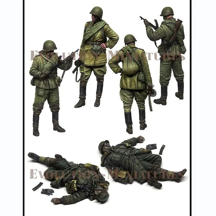 1/35 WWII Soviet Infantry Squad in Combat Positions, 4 Figures, Resin Model Figure Kit, Unassembled and Unpainted