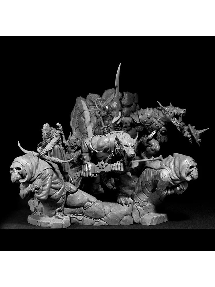 1/24 Warriors Vs Demonic Creatures, 6 Figures, Resin Model Diorama Kit, Fantasy Theme, Unassembled and Unpainted