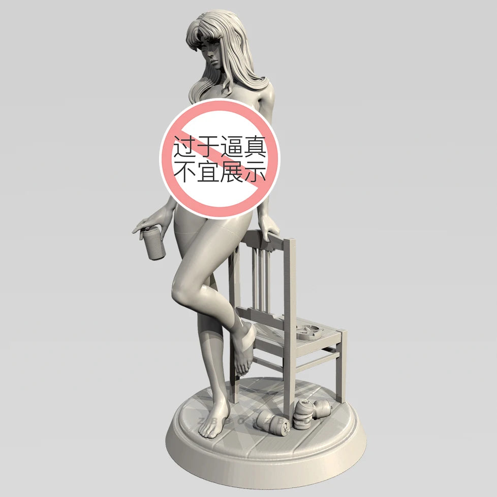 75mm Barefoot Female Pin-up Leaning on Chair, Resin Model Figure Kit, Unassembled and Unpainted