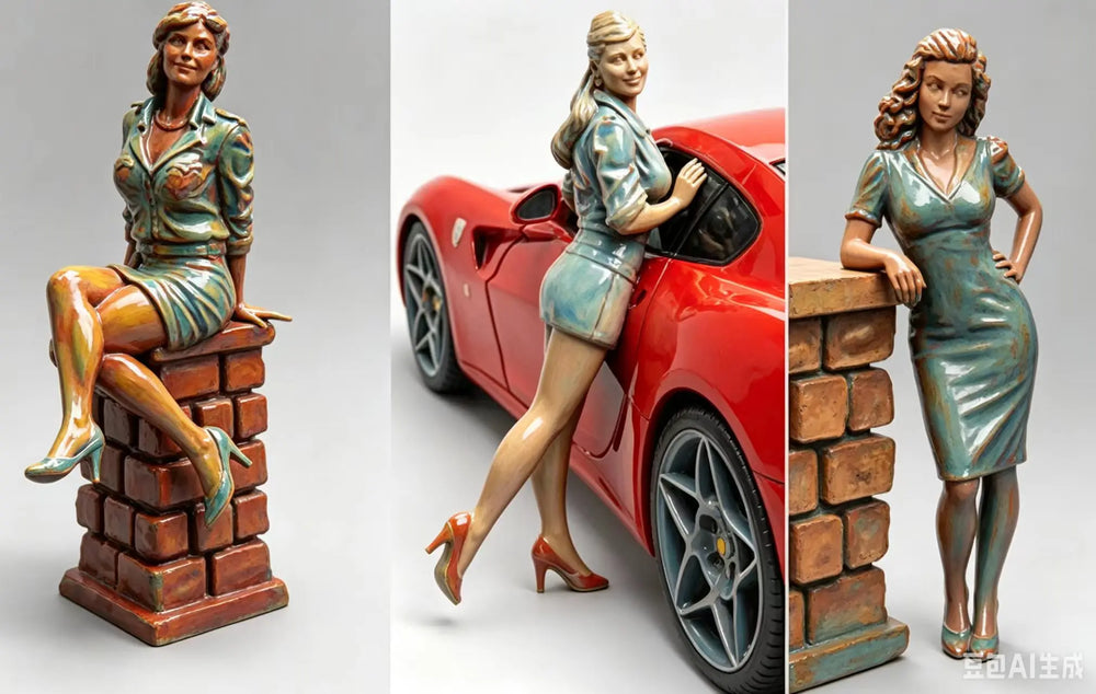 1/35 Vintage Pin-up Girls with Sports Car, 3 Figures, Resin Model Figure Kit, Unassembled and Unpainted