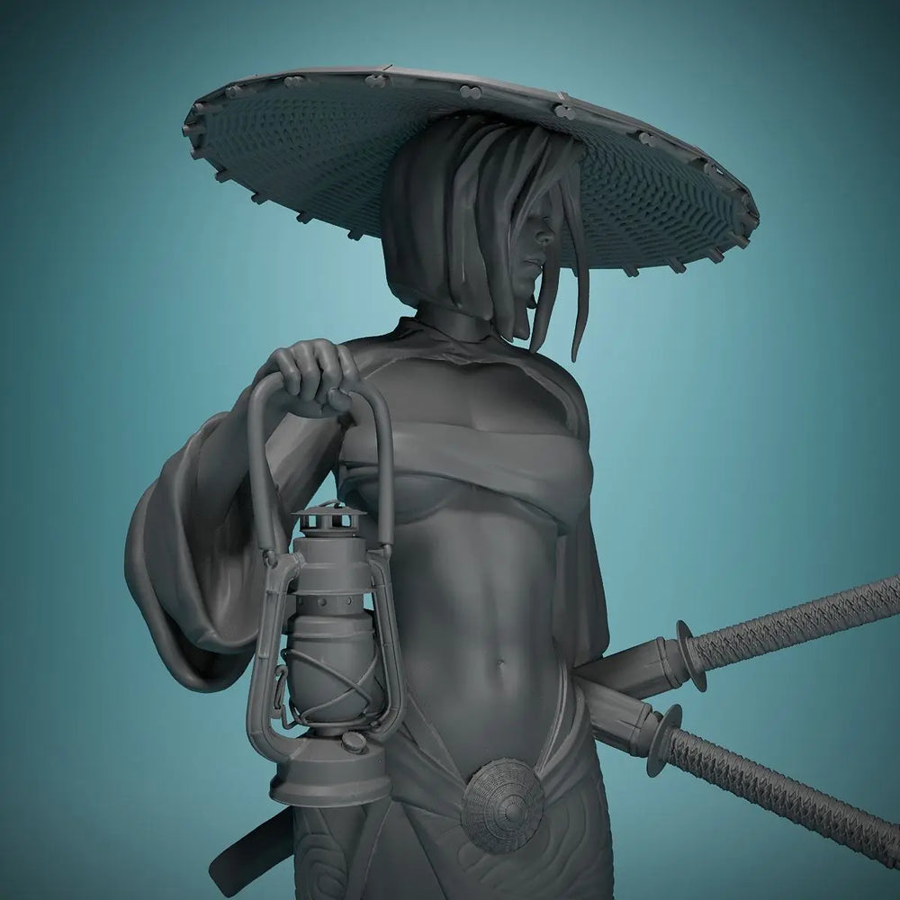 Asian Warrior Maiden with Parasol and Spears, Resin Model Figure Kit, Fantasy Theme, Unassembled and Unpainted