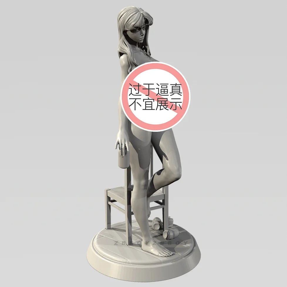 75mm Barefoot Female Pin-up Leaning on Chair, Resin Model Figure Kit, Unassembled and Unpainted