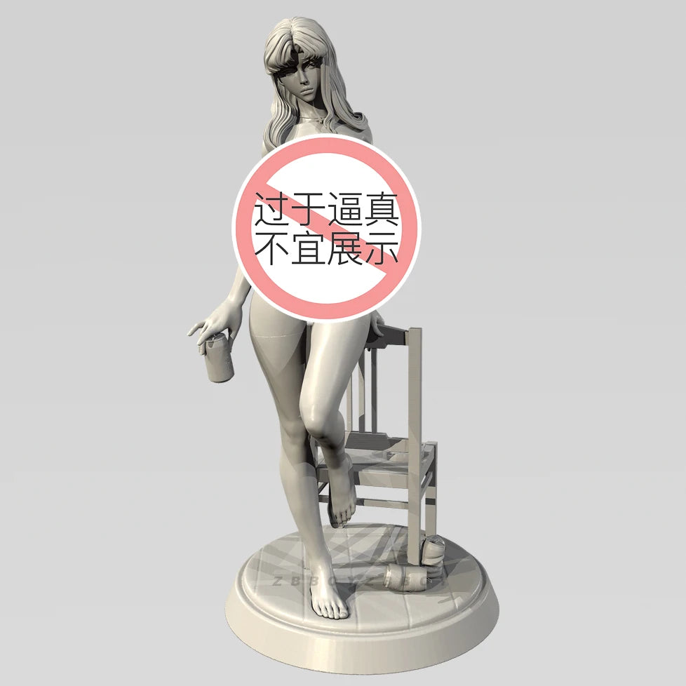 75mm Barefoot Female Pin-up Leaning on Chair, Resin Model Figure Kit, Unassembled and Unpainted