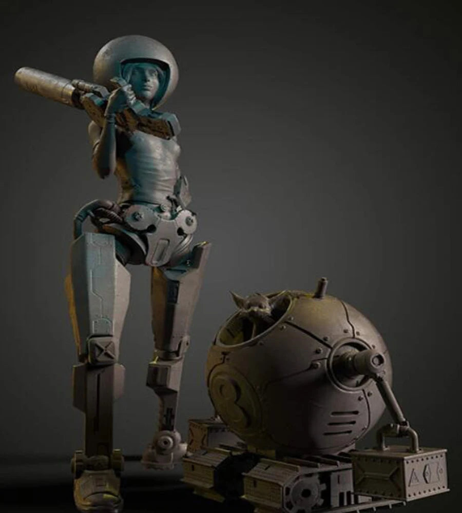 1/24 Female Soldier with Robot, Resin Model Figure Kit, Sci-Fi Theme, Unassembled and Unpainted