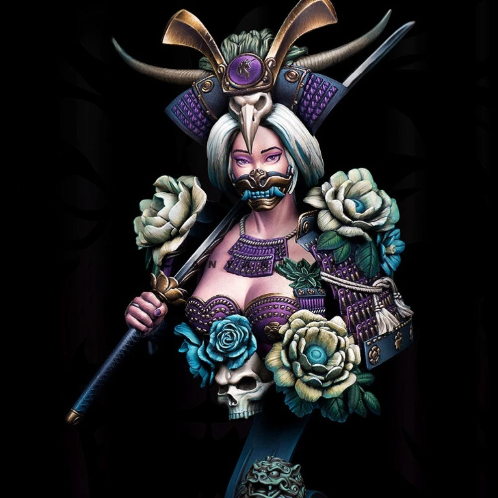 1/10 Horned Demon Sorceress with Skull Roses, Resin Model Bust Kit, Fantasy Theme, Unassembled and Unpainted
