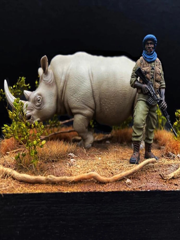 1/32 Medieval Fantasy Soldier with Rhinoceros, Resin Model Diorama Kit, Unassembled and Unpainted