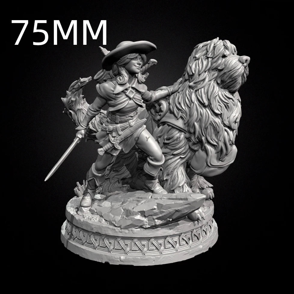 75mm Swordsman & Hunting Dog, 2 Figures, Resin Model Figure Kit, Fantasy Theme, Unassembled and Unpainted