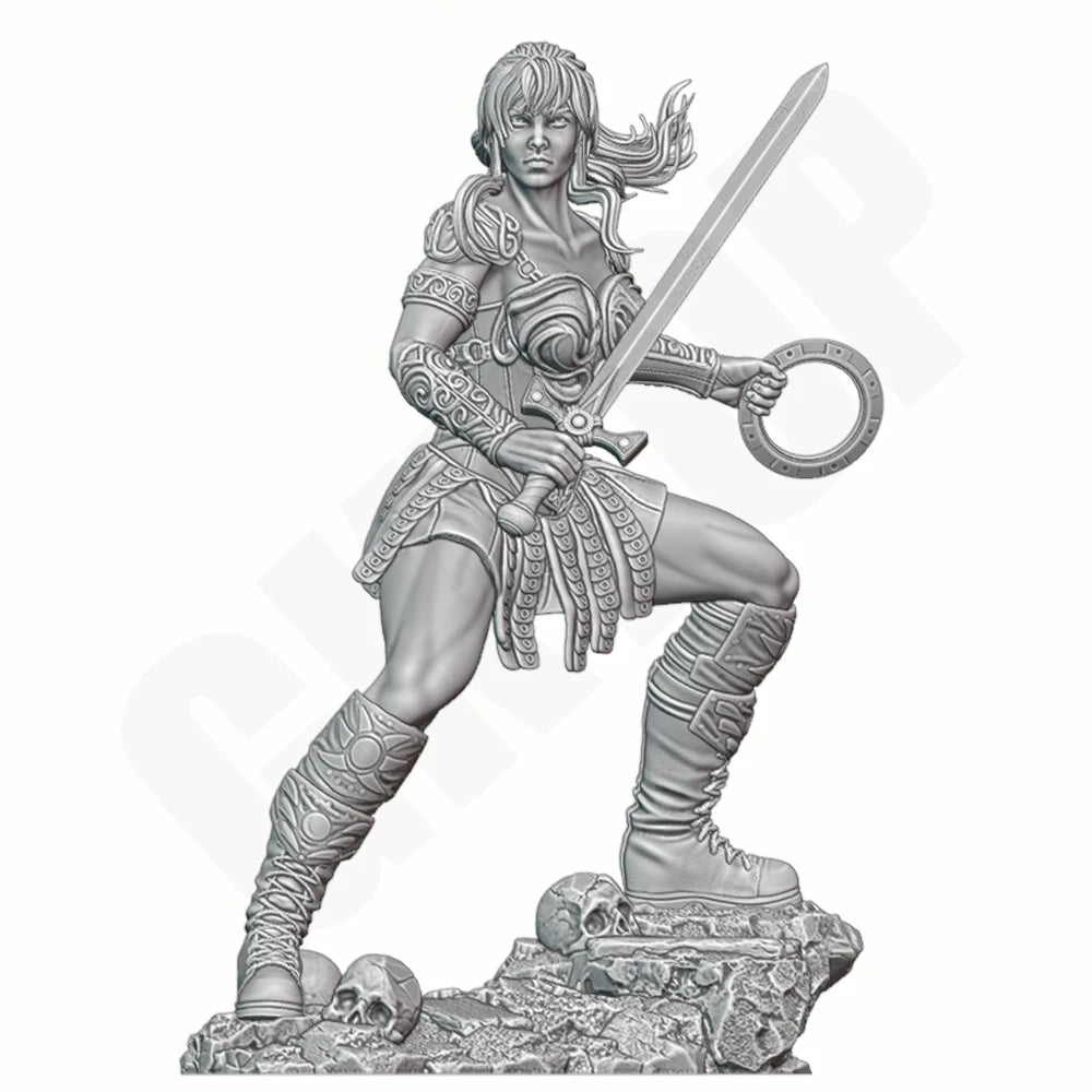 1/24 Female Warrior in Gold Ornate Armor with Curved Sword, Resin Model Figure Kit, Fantasy Theme, Unassembled and Unpainted