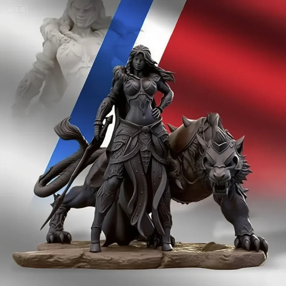 1/24 Warrior with Beasts, 3 Figures, Resin Model Diorama Kit, Fantasy Theme, Unassembled and Unpainted
