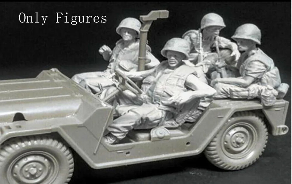 1/35 WWII Soldiers with Military Jeep, 4 Figures, Resin Model Figure Kit, Unassembled and Unpainted