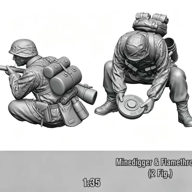 1/35 WWII German Engineer with Flamethrower, 2 Figures, Resin Model Figure Kit, Unassembled and Unpainted