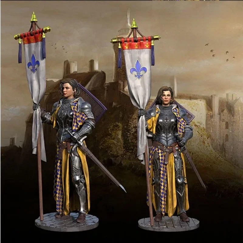 1/24 Medieval Female Knight in Ornate Black Armor and Heraldic Cloak, Resin Model Figure Kit, Unassembled and Unpainted