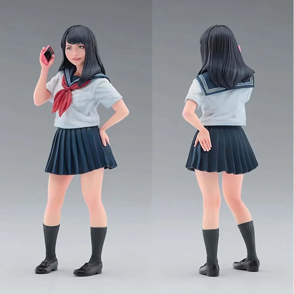 1/12 Schoolgirl Waving with Red Bow, Resin Model Figure Kit, Anime Theme, Unassembled and Unpainted