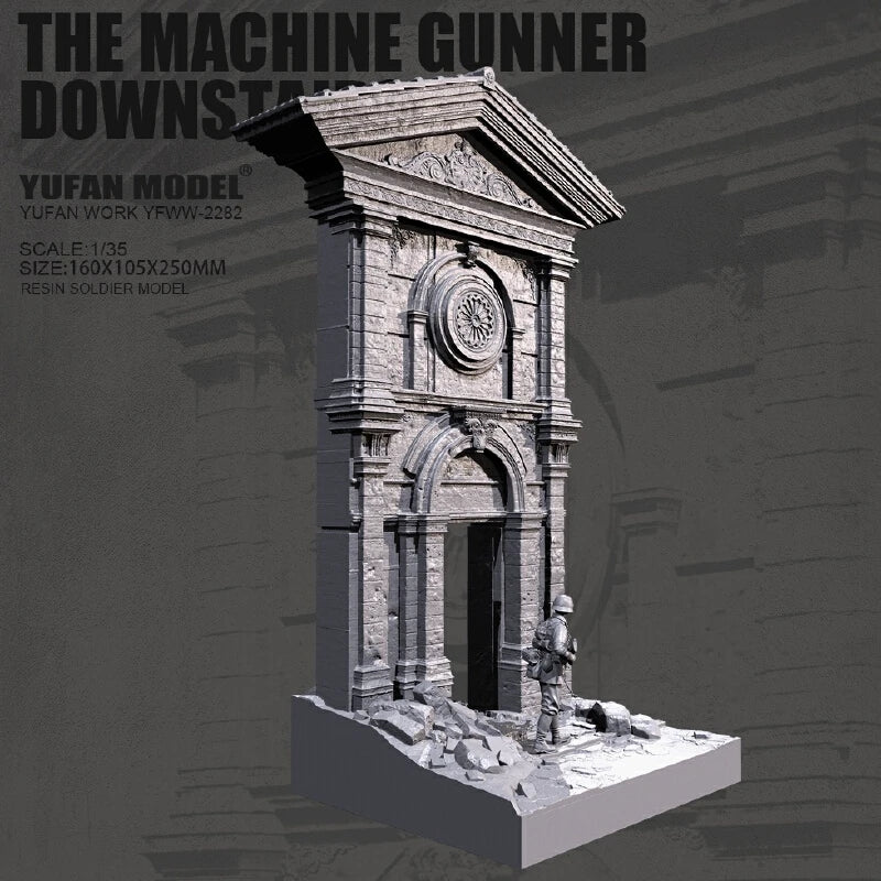 1/35 WWII Machine Gunner at Stone Gatehouse, Resin Model Diorama Kit, Unassembled and Unpainted