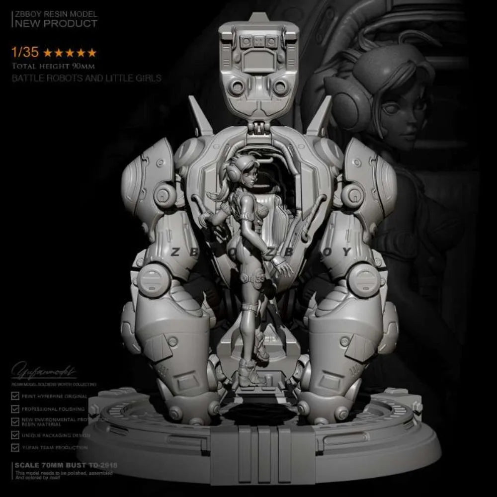 1/35 Mecha Robot with Girl, 2 Figures, Resin Model Figure Kit, Sci-Fi Theme, Unassembled and Unpainted