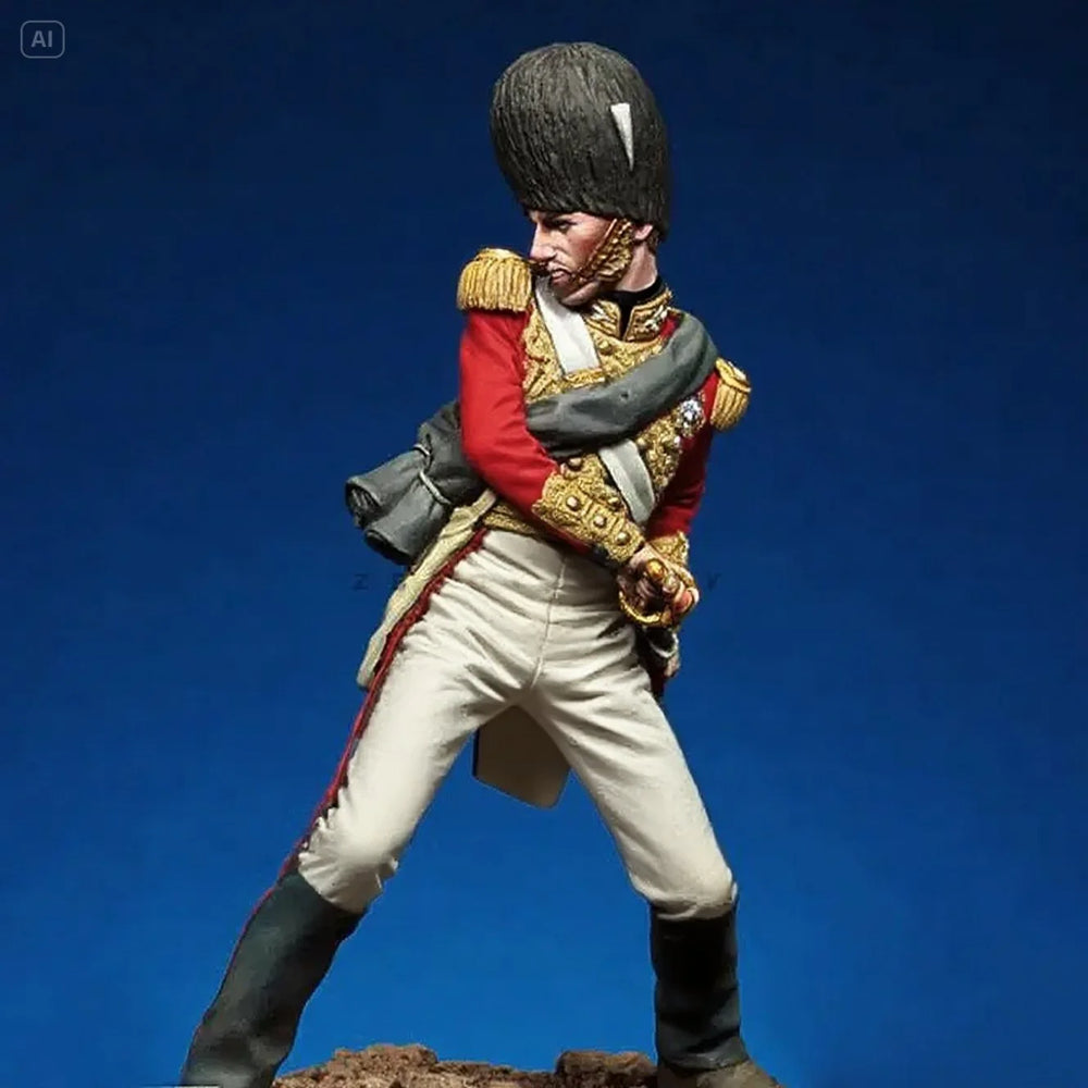 54mm Napoleonic French Officer in Red Coat with Busby, Resin Model Figure Kit, Unassembled and Unpainted